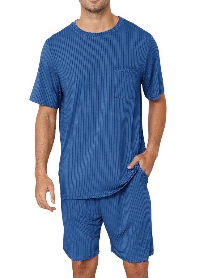EISHOPEER Mens Stylish Ribbed Knit Pajama Lounge Set Short Sleeve Crewneck Pajama Lounge Set Soft Sleepwear Peacock BlueX-Large - Image 1